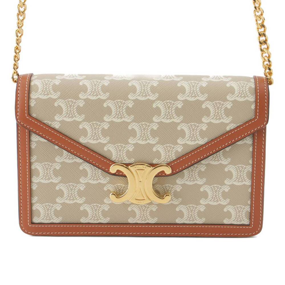 Celine Triomphe Chain Wallet Margot Leather Shoulder Bag Greige Gray